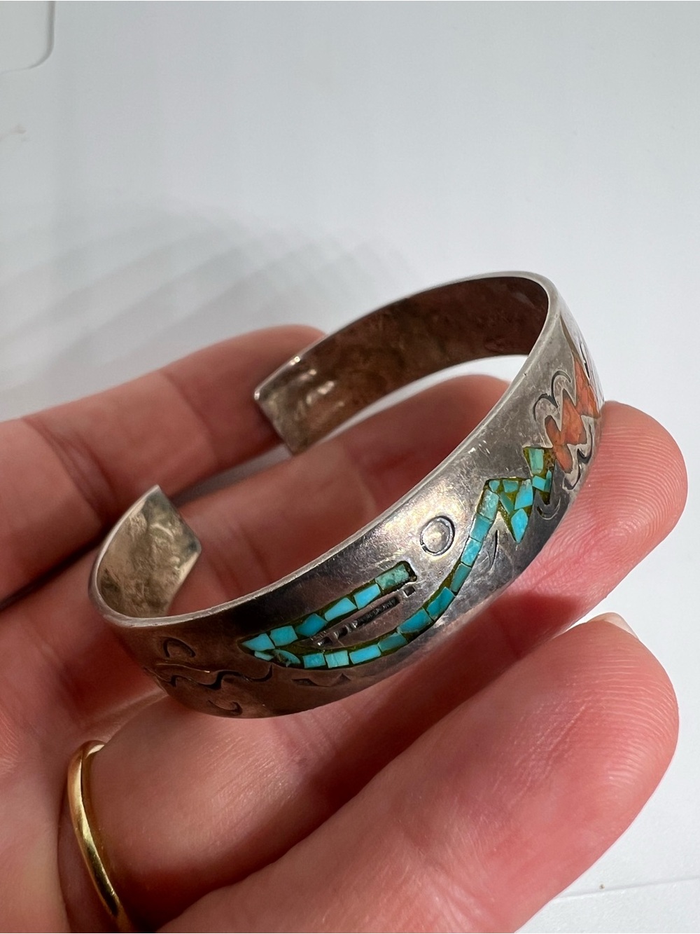 Turquoise and Coral Inlay Sterling Silver Native Cuff Bracelet